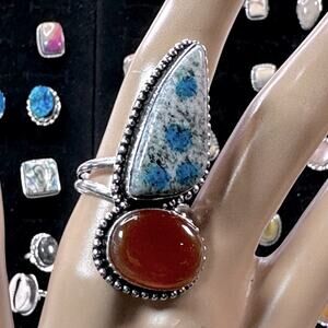 💕 K2, Jasper and carnelian 2 stone ring silver plated size 10 handmade gemstone